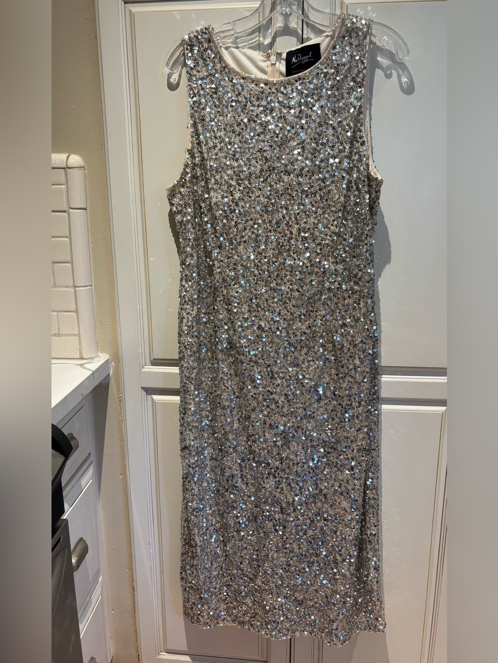 Mac Duggal sequin dress size 12 silver sequins beige lining